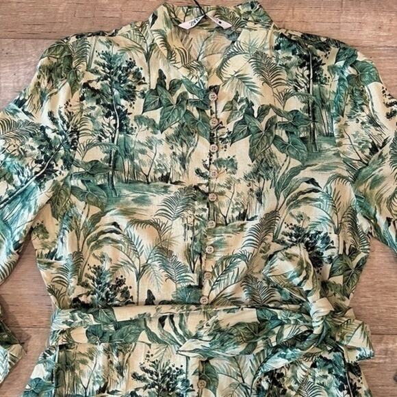 🌿 ZARA Green Printed Shirt Dress NWT | Belted Long Sleeve Collared M - Picture 15 of 16